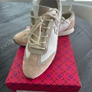 Tory Burch Vintage Nylon Tan and White Sneakers, size 10